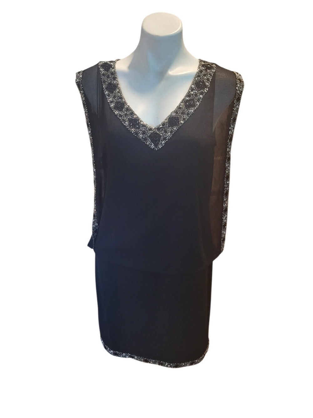 Black Beaded Trim Sleeveless Dress